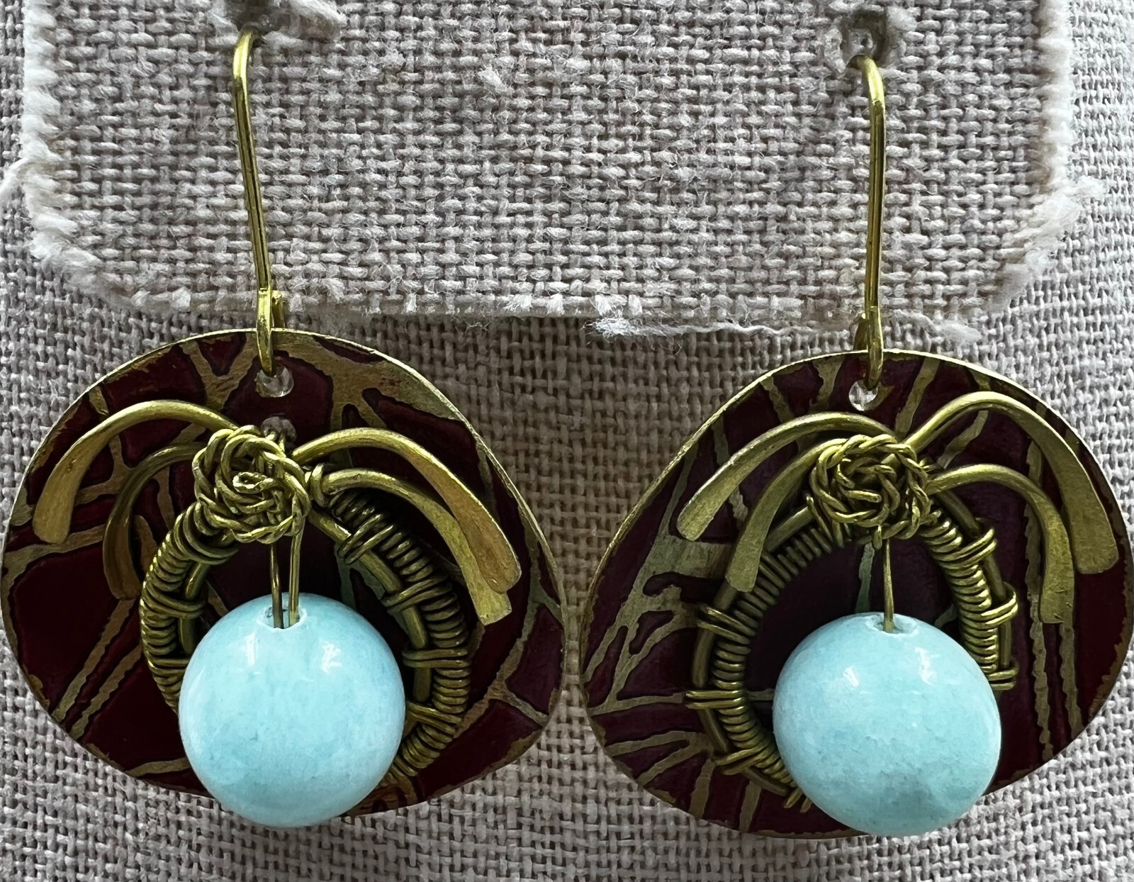 Nickel Free – Red Electroplated Brass Earring w/ Turquoise Cabochon Stone Bead