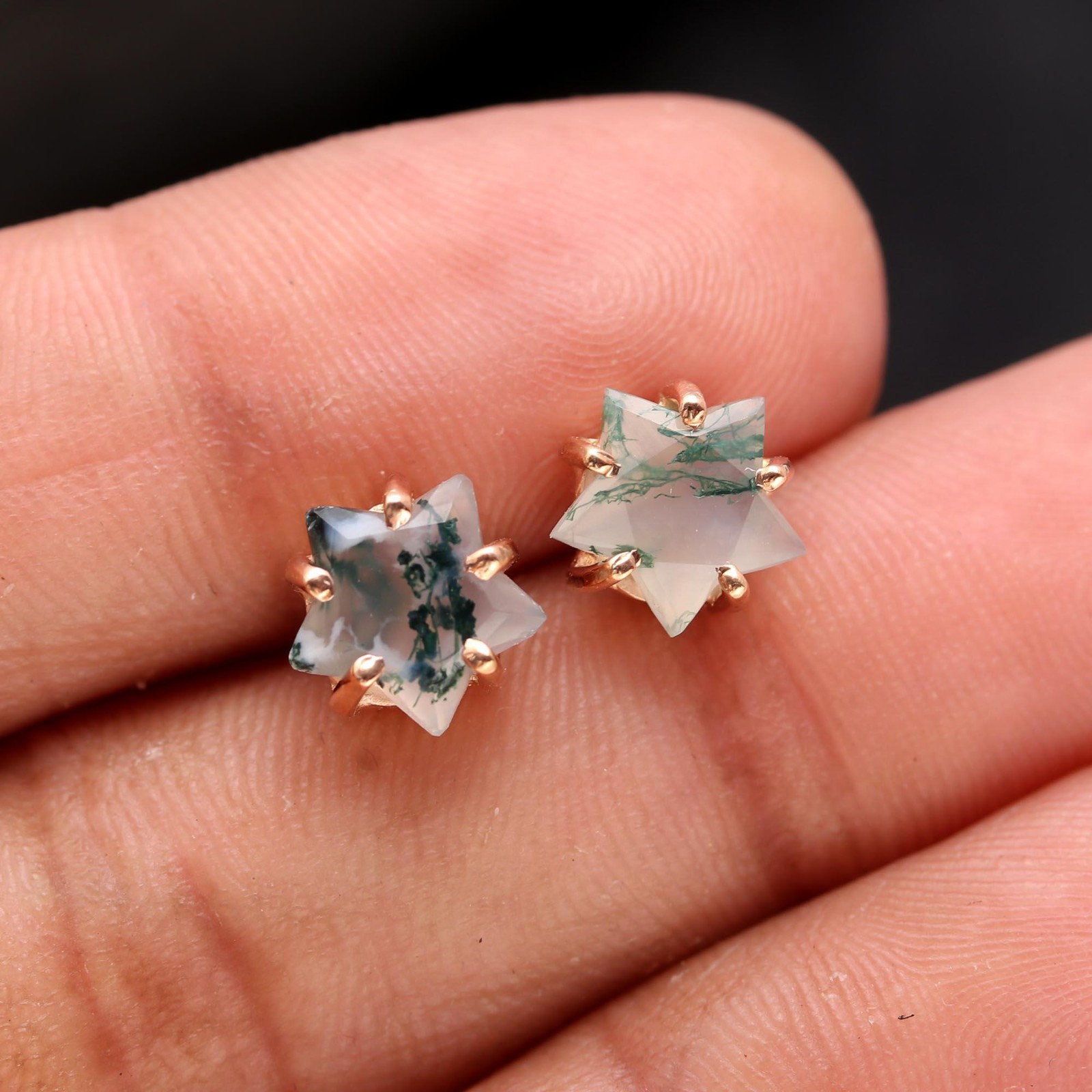 Natural Moss Agate Star Stud Earrings Rose Gold Fill 925 Sterling Silver Jewelry