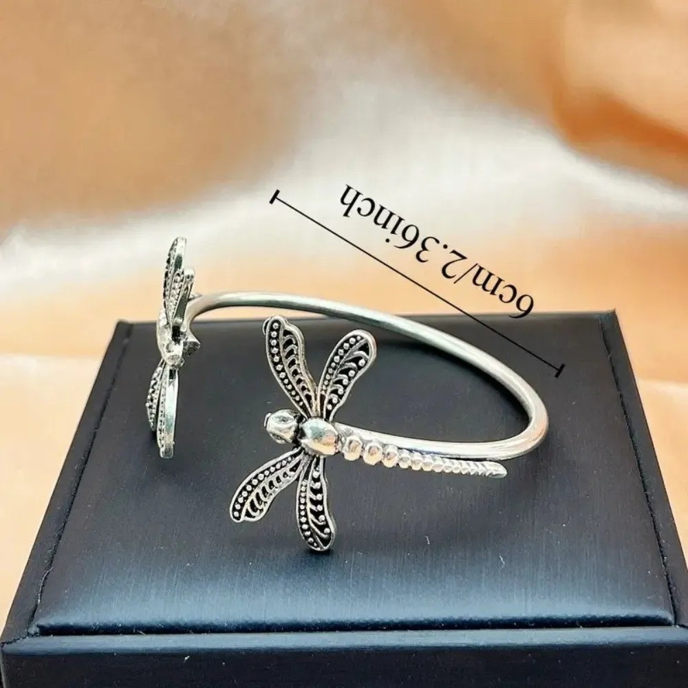 Boho Dragonfly Open Cuff Bracelet Silver Tone Adjustable Metal Bangle for Women