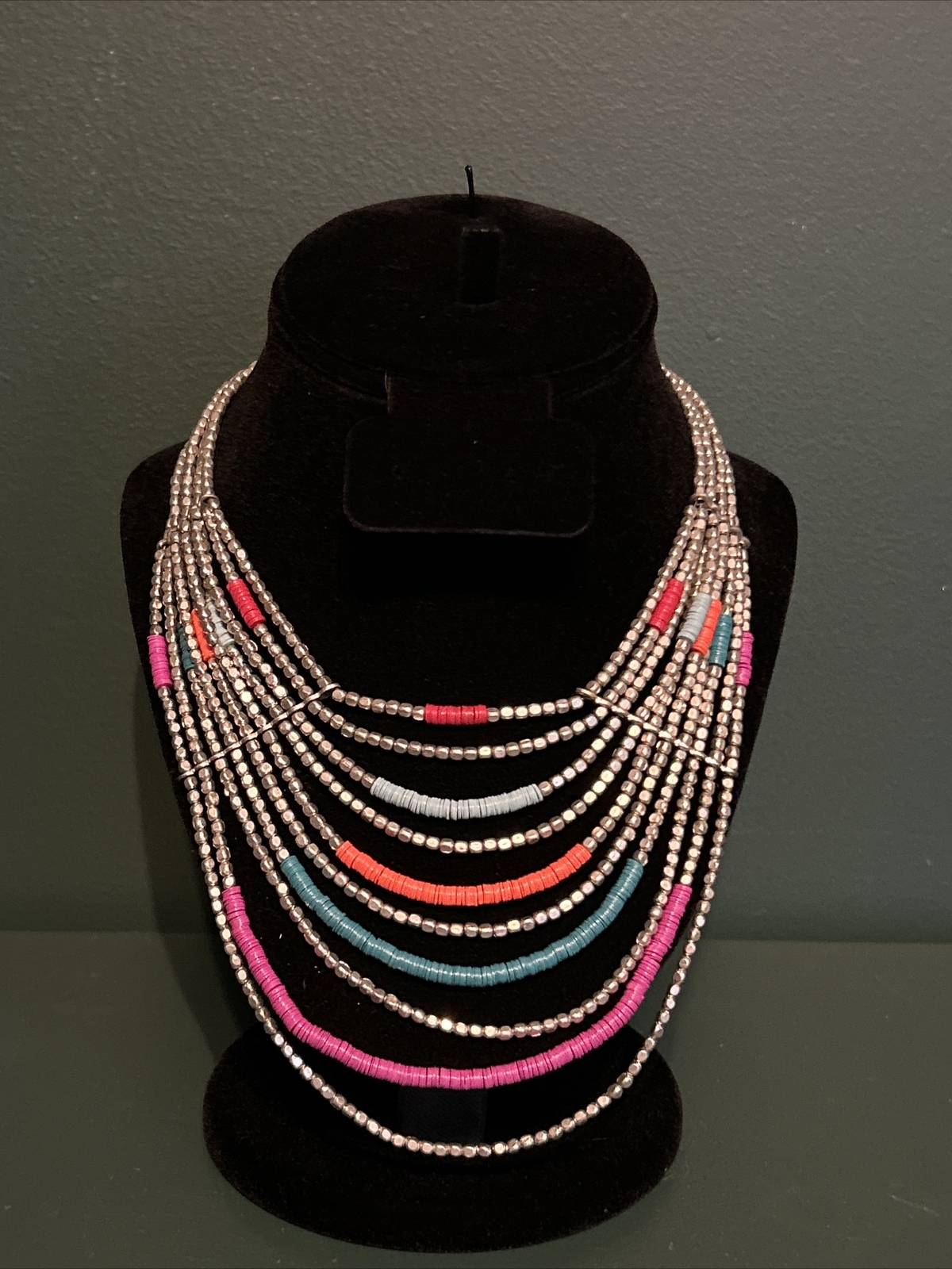10 Strand Statement Necklace Multi-color Beaded Silver-tone 15″ and 3″ Extender