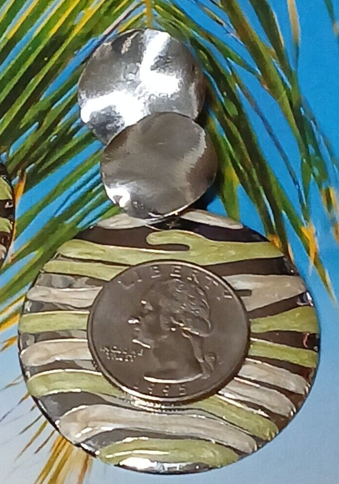 Multi Layer Silver Tone Alloy Disc Earrings with Green and Tan Wavy Design