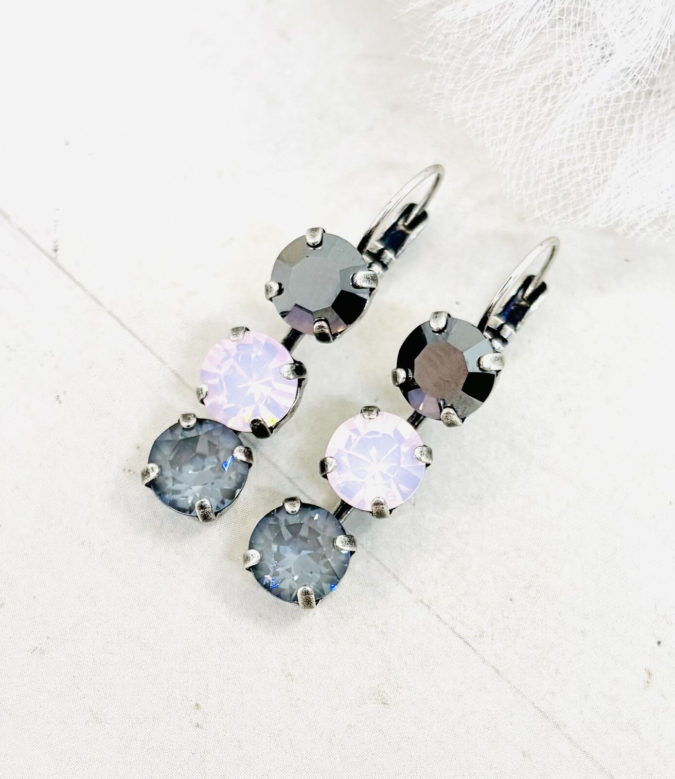 8mm Soft Pink, Black, and Gray Triple Stone Earrings