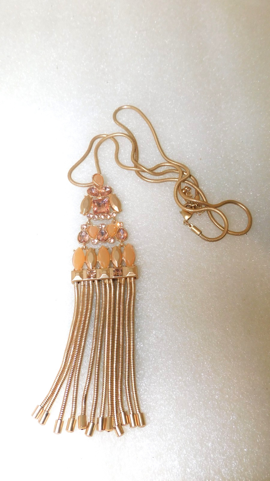 GOLD TONE 7″ ORANGE RHINESTONE CHAIN TASSEL PENDANT STATEMENT 30″ CHAIN