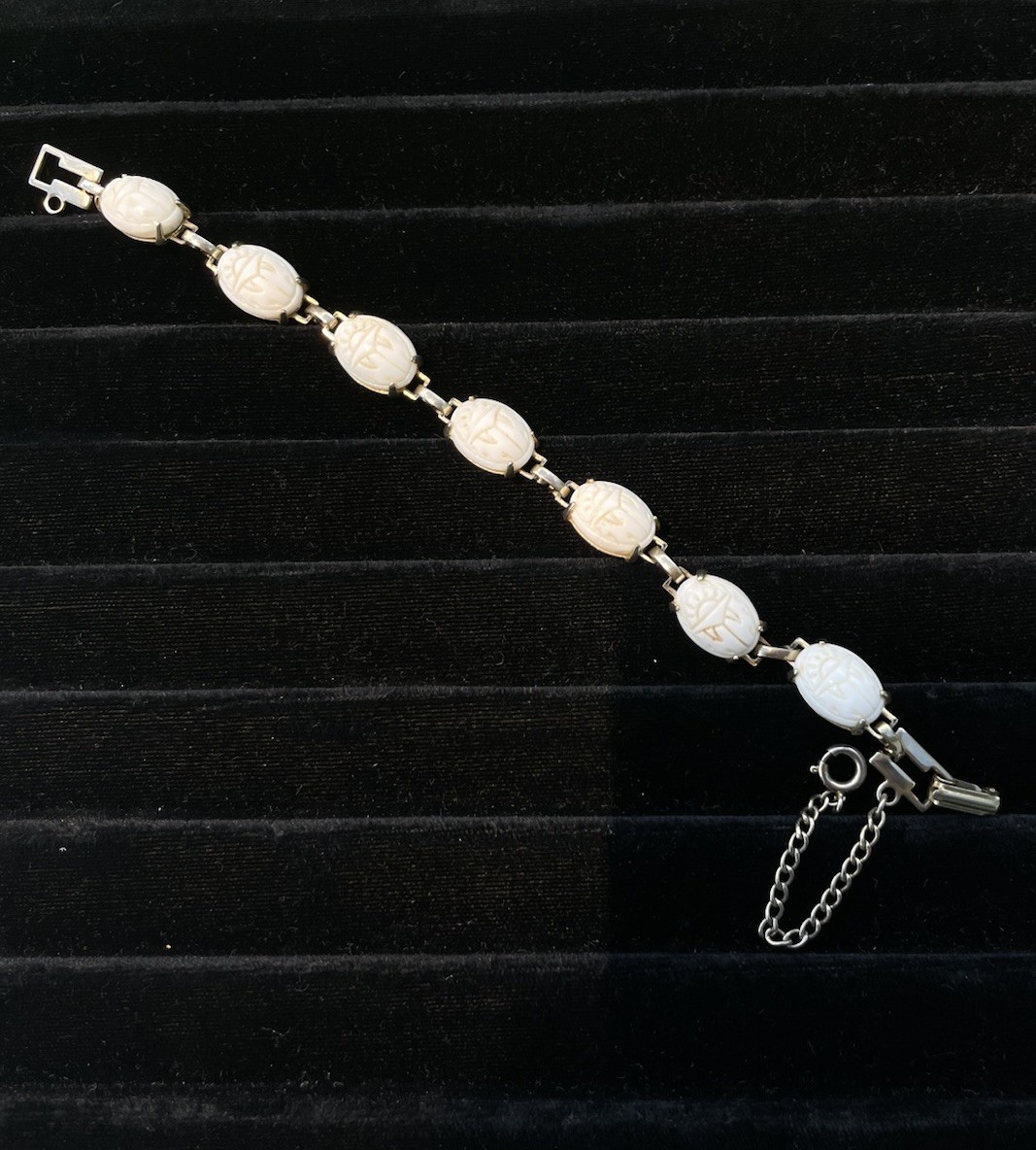 White scarab Link Chain Bracelet, Silver Tone Link Chain Style Bracelet