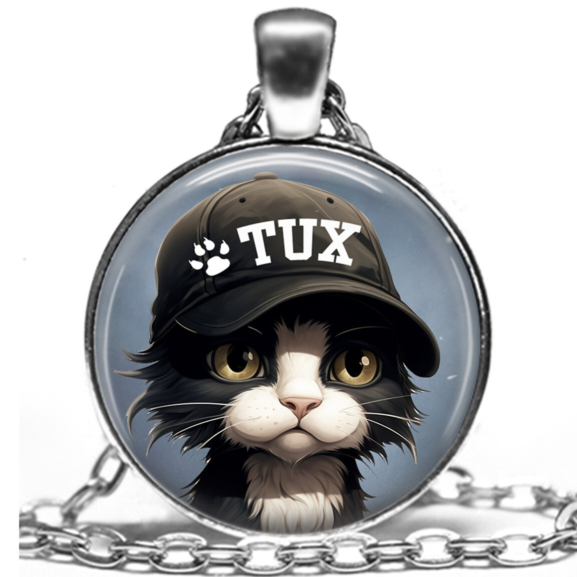 Tux The Black & White Tuxedo Kitty Cat Tuxedo Cat Mom Gift Necklace 24″ Chain