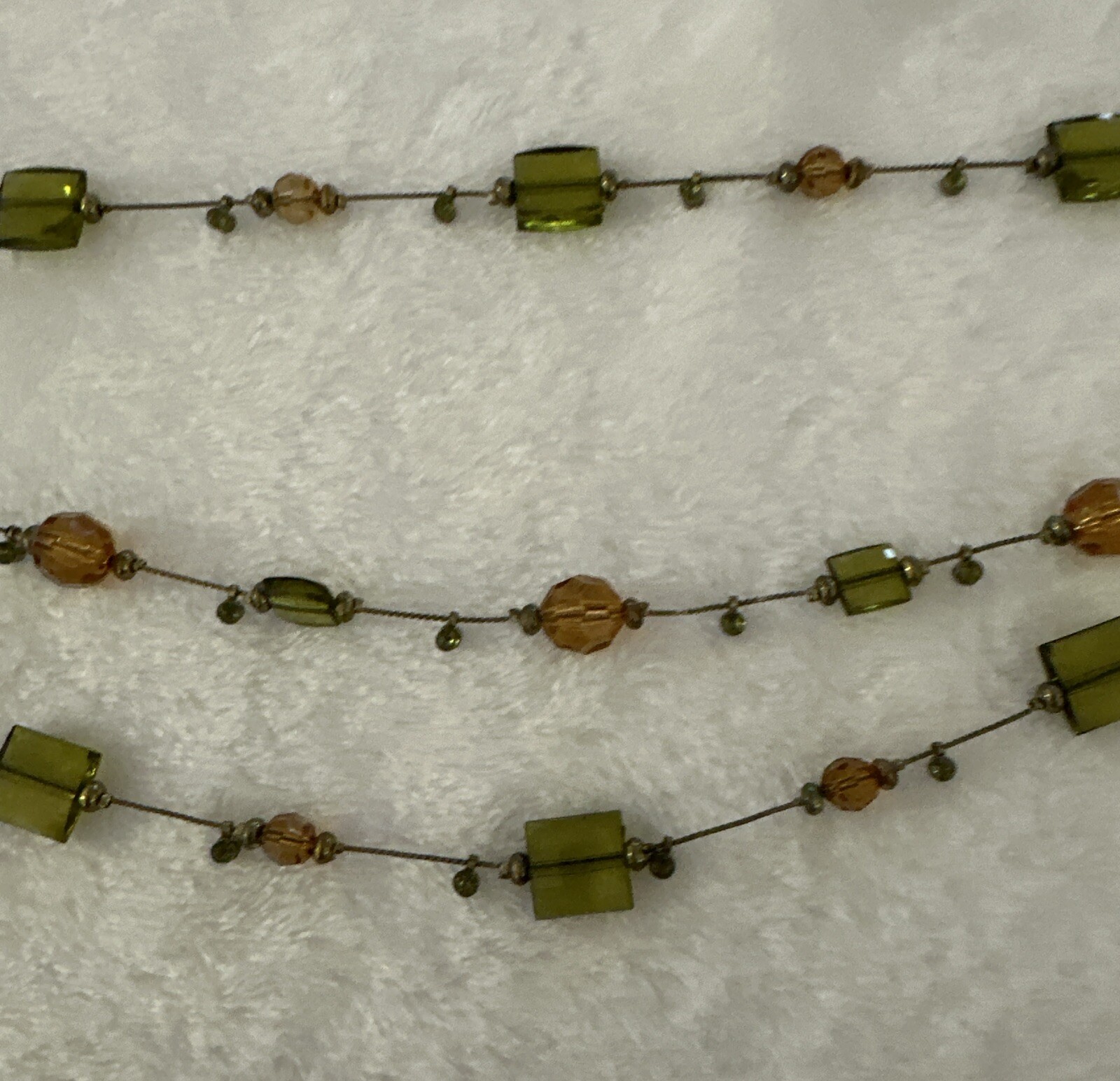 Layered Necklace Multi Strand Beaded Olive Peach Brass Color Chain Square 10”
