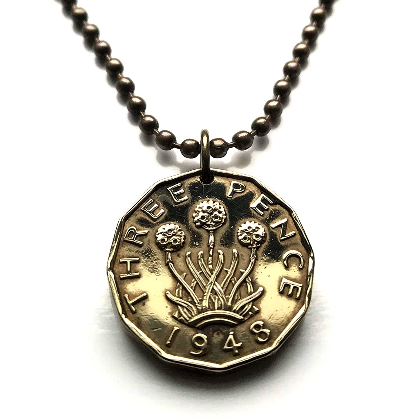 United Kingdom 3 Pence coin pendant thrift plant flower London Manchester 000145