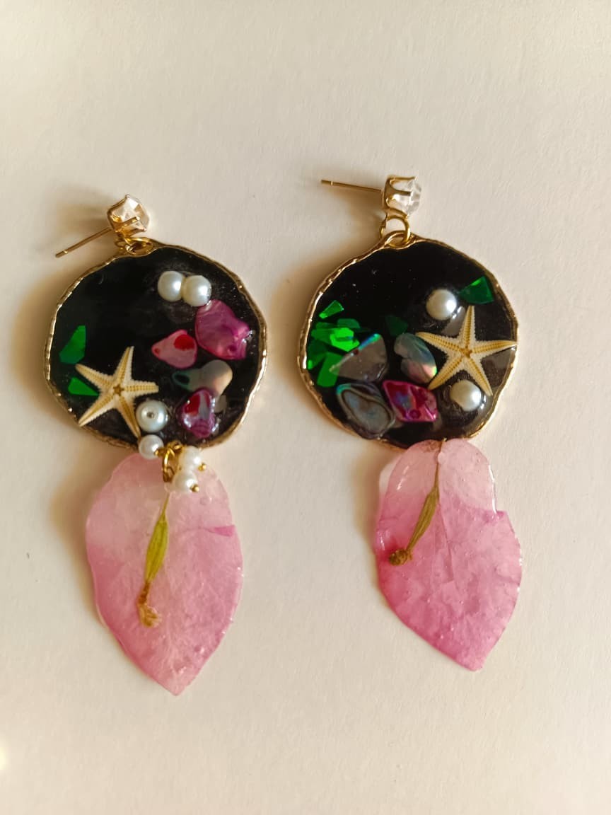 Real Starfish Bougainvillea Leaf Necklace Earrings Set Resin Pearl Flower Gift