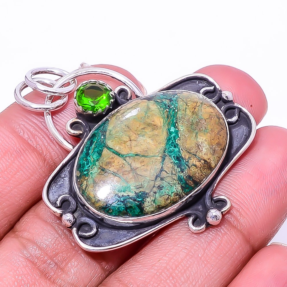 Boulder Azurite Malachite – Bisbee Mines 925 Sterling Silver Pendant 1.68″ P39