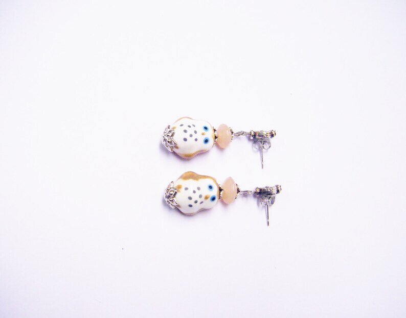 Brown/Cream Ceramic Owl Dangle Earrings