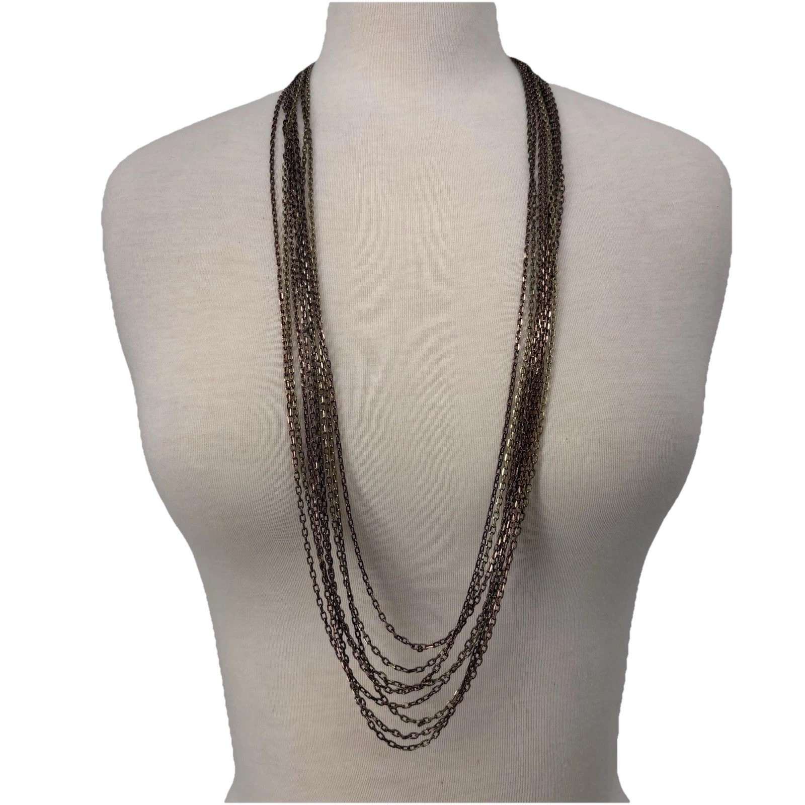 Multi Strand Bronze Chain Necklace Long Layered Boho Statement Mixed Metal