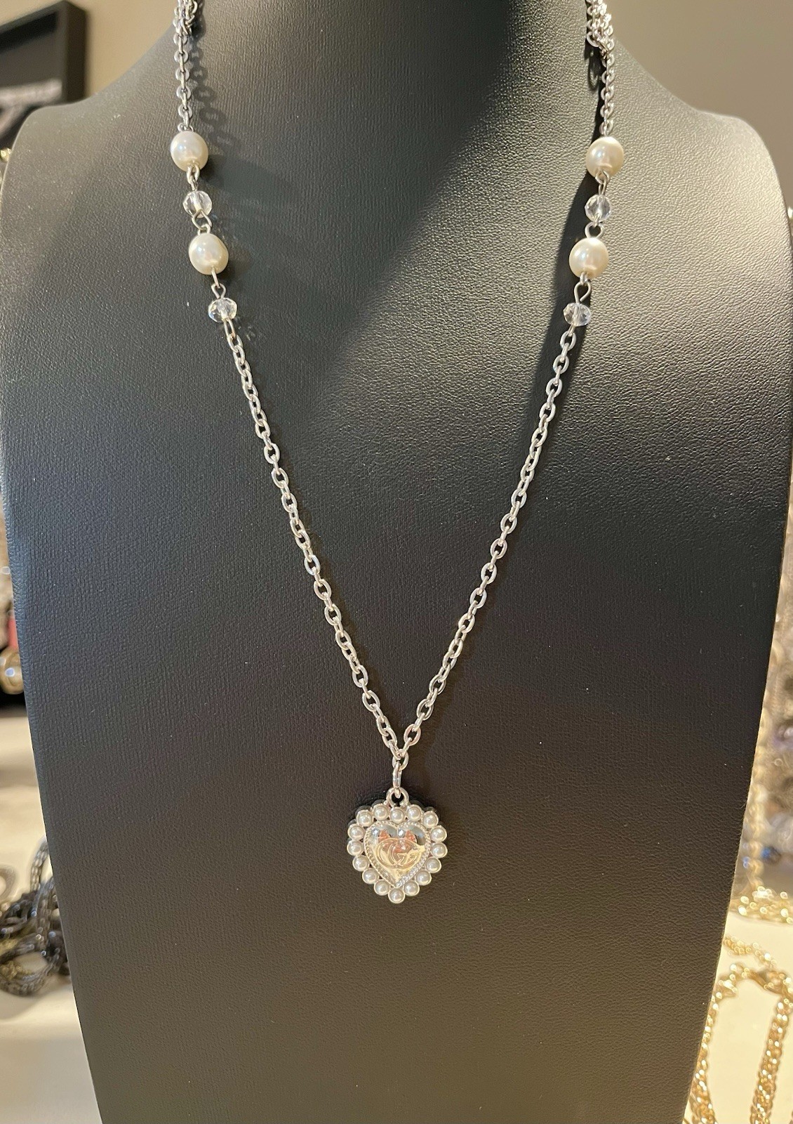 GG heart Zipper Pull Charm On Custom Designed Silvertone & Faux Pearl Necklace
