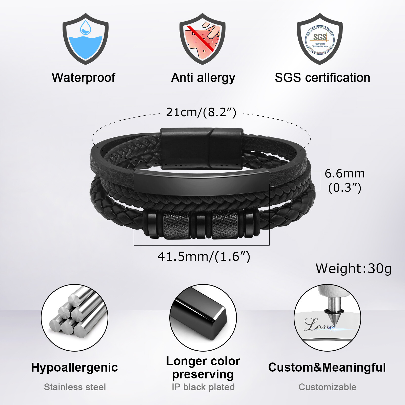Custom PU Leather Bracelets for Men Boy,Stainless Steel Personalized Bangle