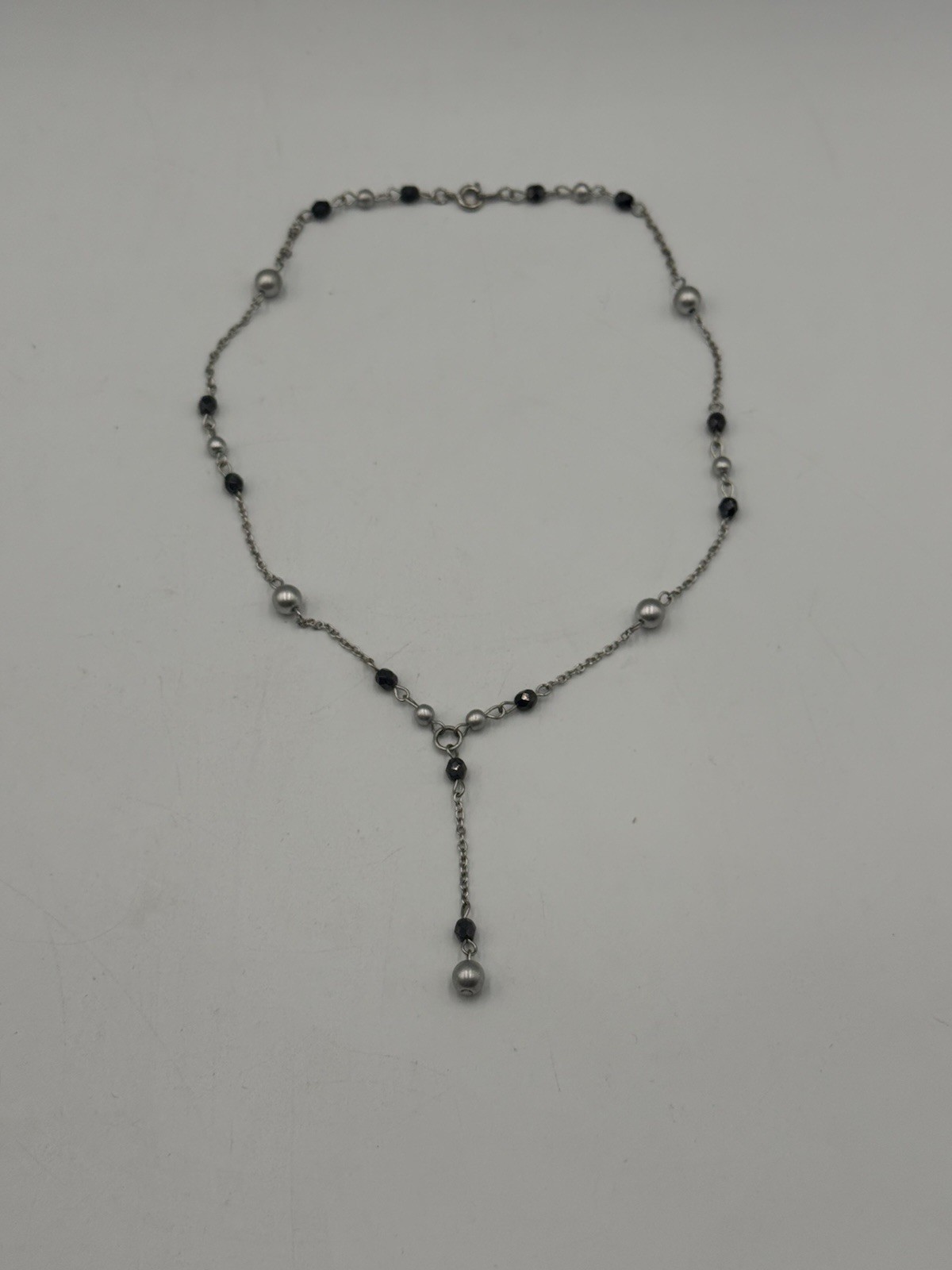 Silver Tone Faux Pearl & Black Crystal Y Lariat Necklace Adjustable Beaded