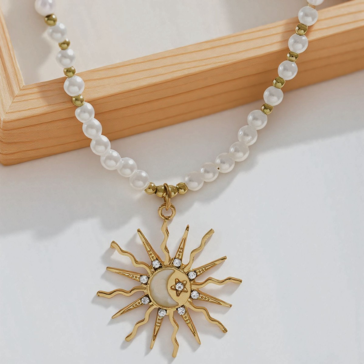 Women’s Gold Tone Wavy Sun Starburst Charm Crystal Beaded Boho Choker Necklace
