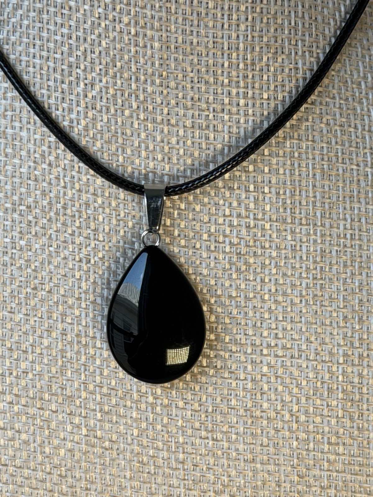 Black Onyx Teardrop Pendant Necklace 19in Braided Cord Silver Bail Crystal New