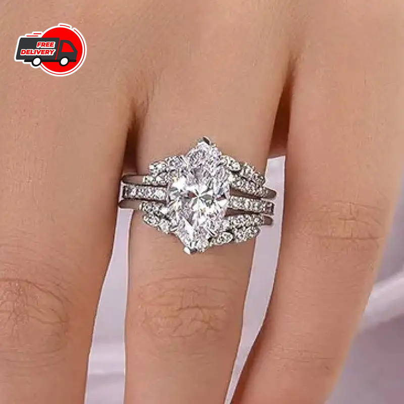 Fashion Woman White Plated Oval CZ Sparkling Band Ring Wedding Engagement