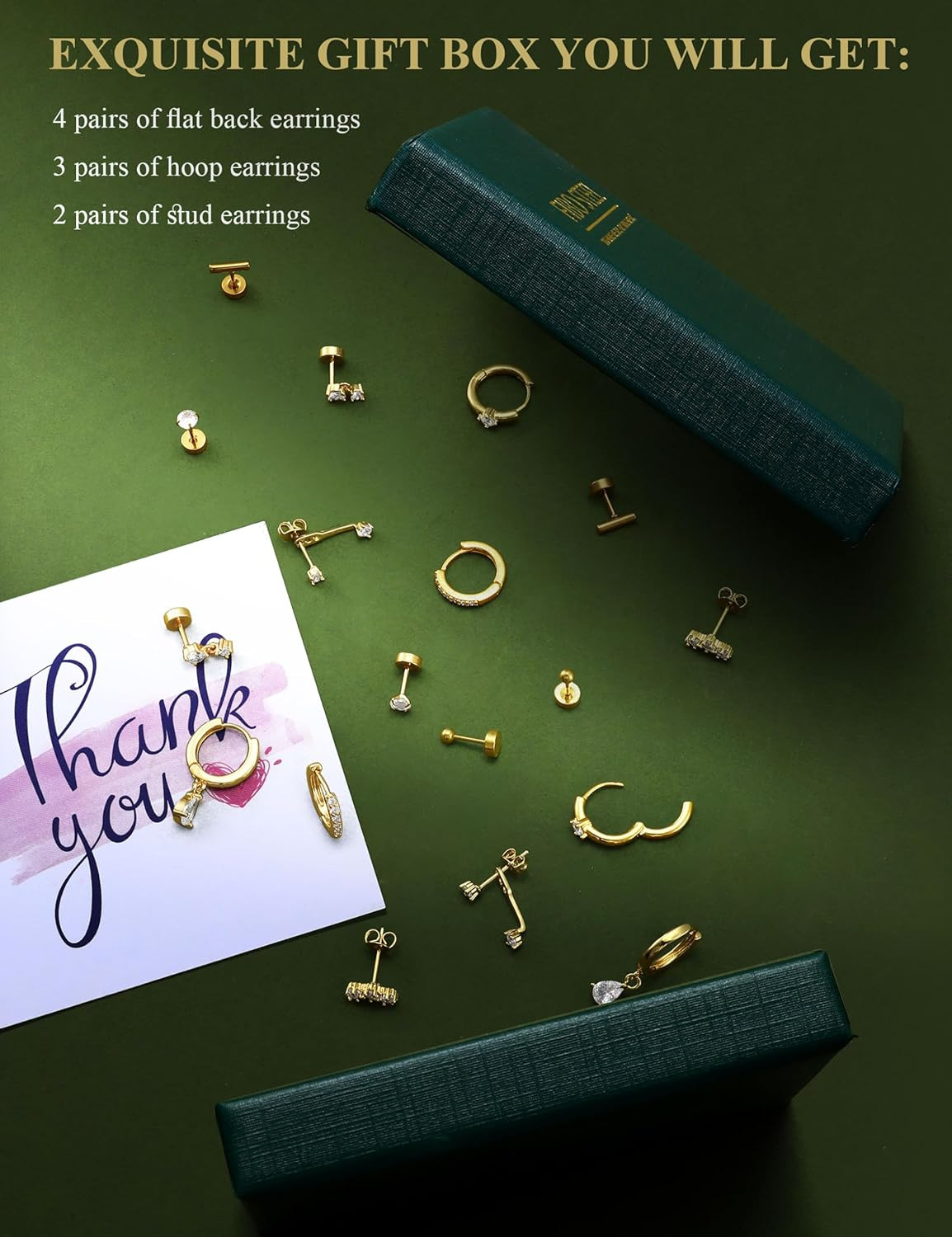 Hypoallergenic Silver Gold Earrings Stacks – 9 Pairs 14K Gold Plated Surgical St