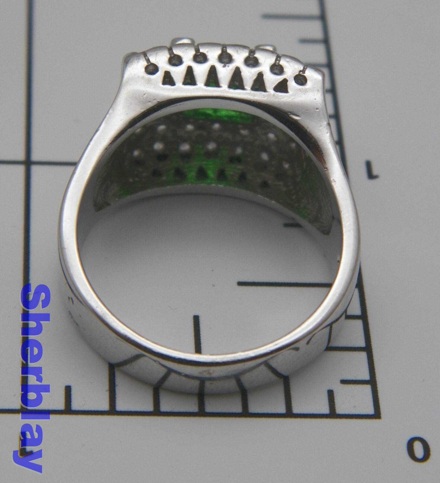 Green Clear Glass Rhinestone Silver Tone Marked Thialand Ring sz 9.5 READ