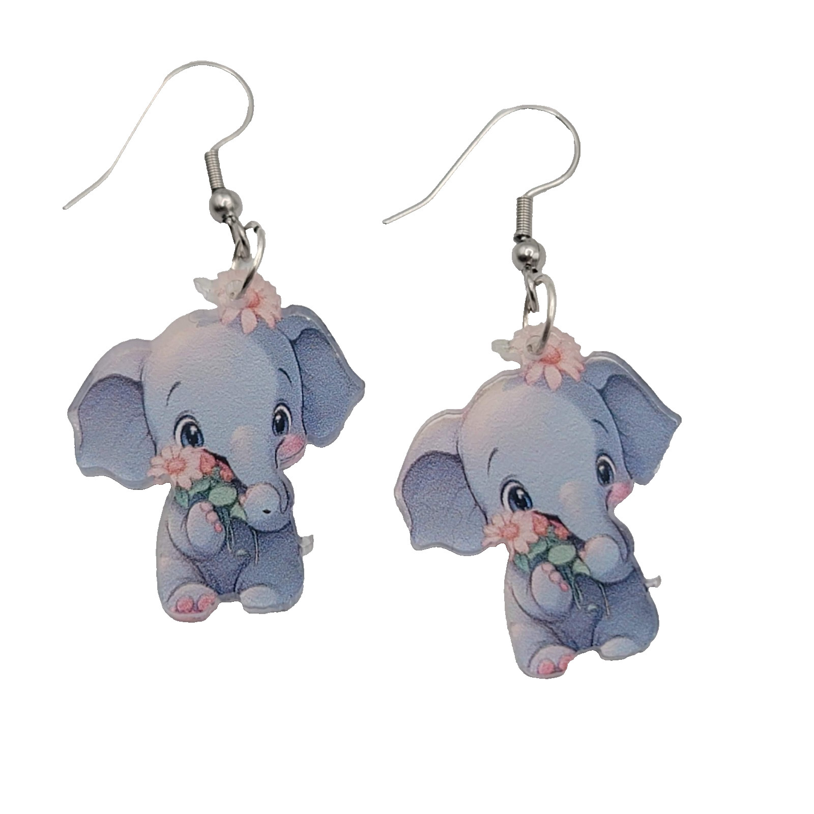 Elephant Pierced Earrings Acrylic Silver tone Dangle 1.25 in