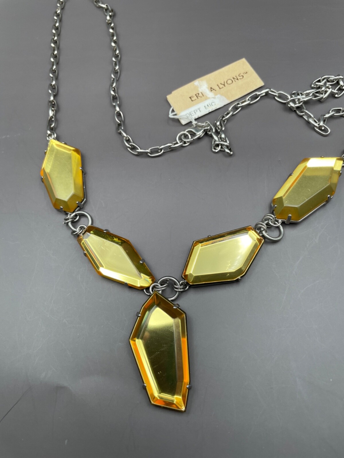 Erica Lyons Pendant Necklace Yellow Mirrored Reflective Silver Tone Chain