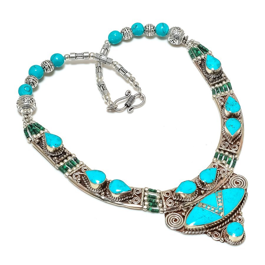Turquoise Gemstone Necklace Tibetan Silver Handmade Nepali Jewelry 18″ NN 6592