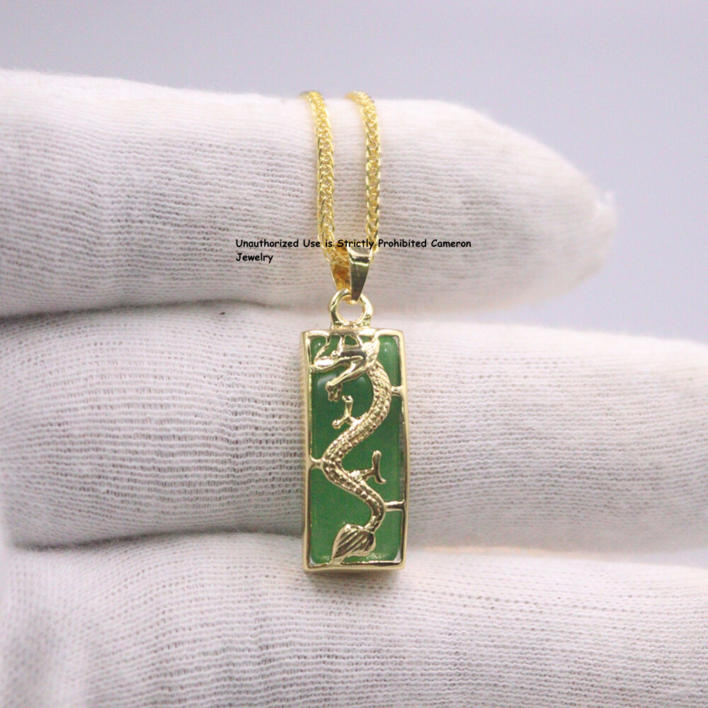 Real Hot Sale 18K GP With Green Jade Women Men Lucky Dragon Oblong Pendant