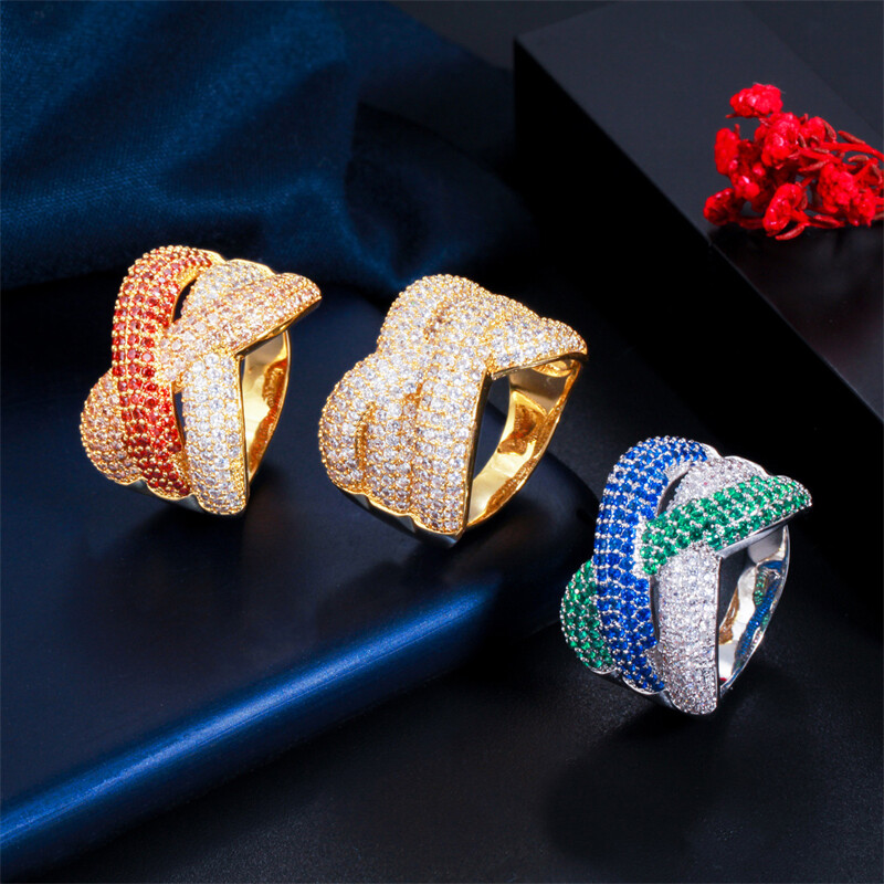 Shining Gold Plated Cubic Zirconia Adjustable Twist Ring for Women Wedding Party