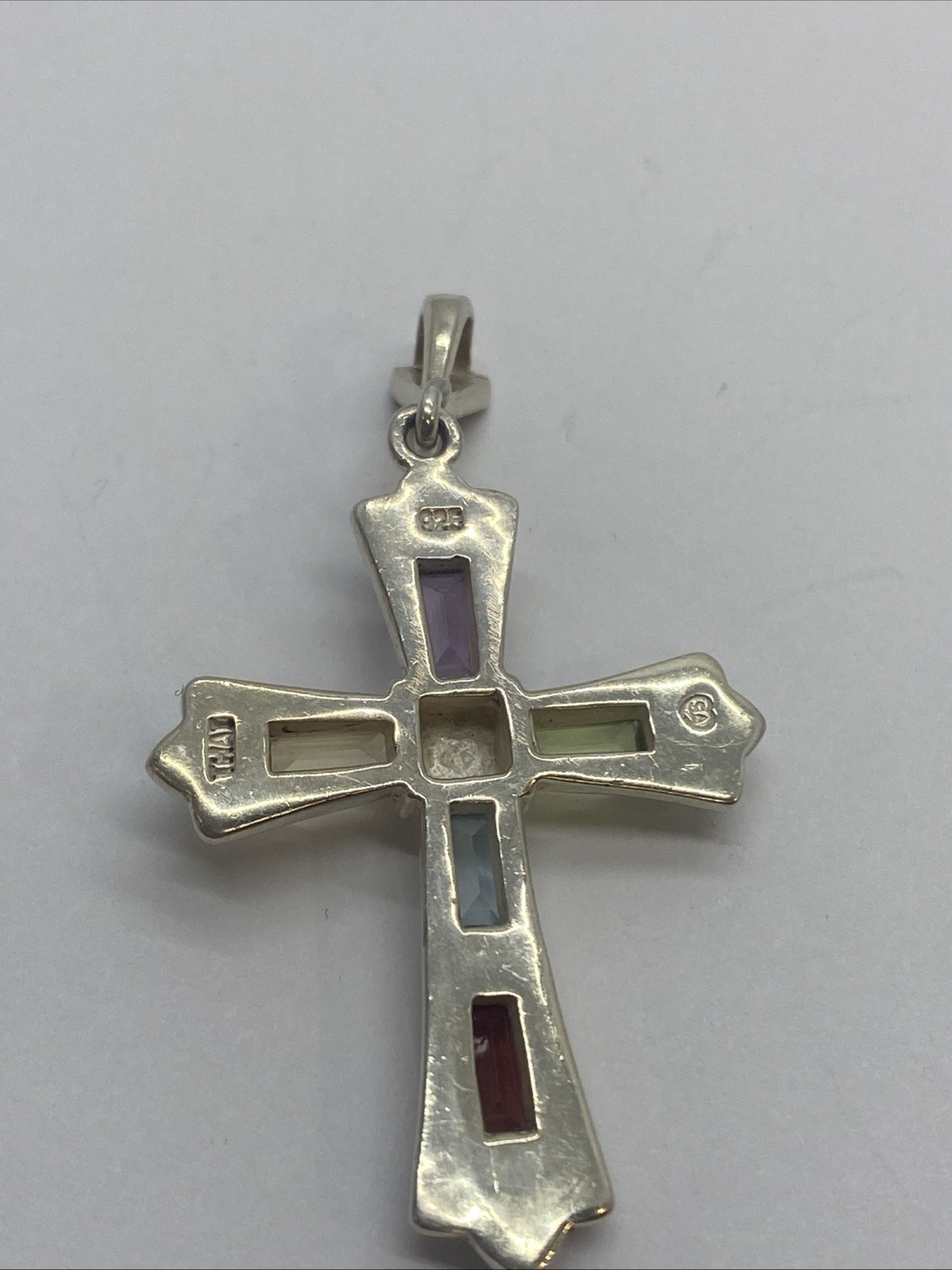 Marcasite Sterling Silver Cross Pendant with Multi Color Baguettes signed SA