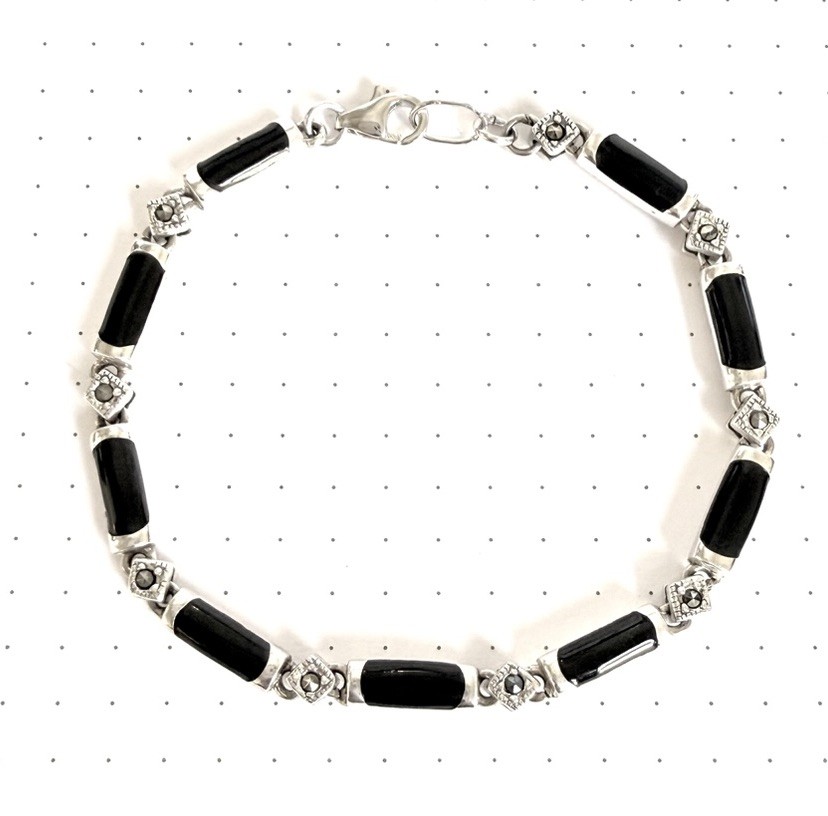 ONYX Stones BRACELET with Marcasite .925 STERLING SILVER (7.25 in)