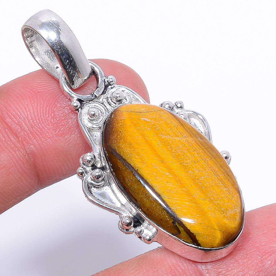 Natural Yellow Tiger Eye – South Africa 925 Silver Plated Pendant 1.79″ F2539
