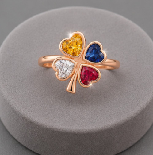4ct Heart Cut Simulated Gemstones Clover Cocktail Silver Ring Rose Gold Finish