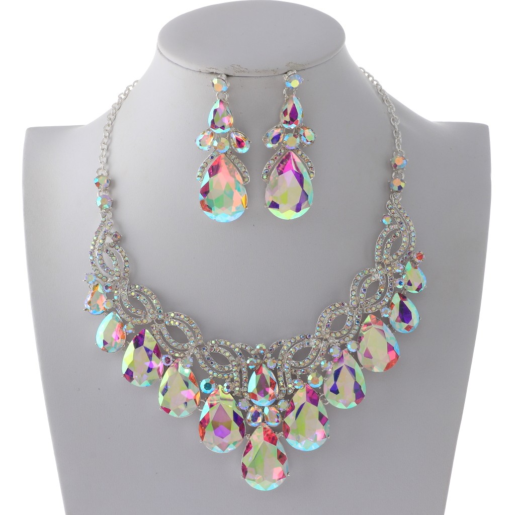 Silver Tone Alloy Metal Rhinestone Necklace Earring Set S20712-SAB