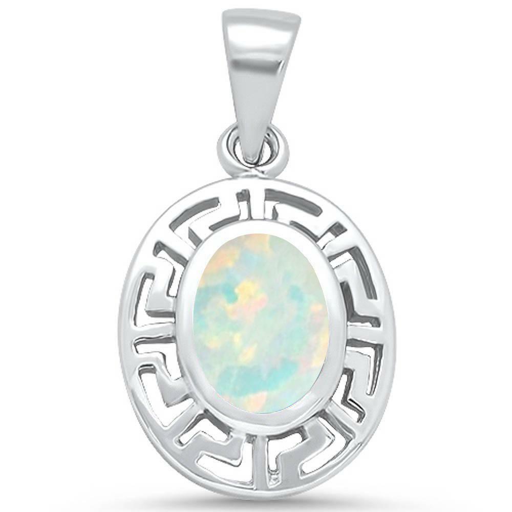 Oval White Opal Greek Key .925 Sterling Silver Pendant