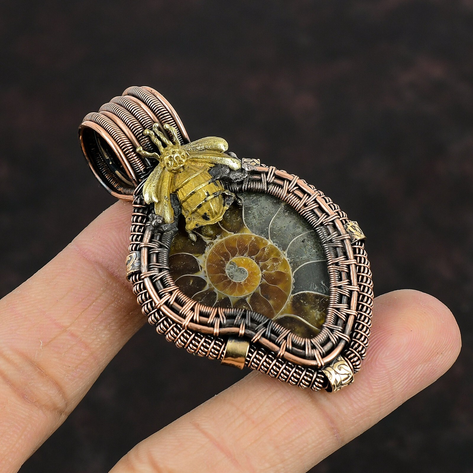 Ammonite Fossil Pendant Copper Wire Wrapped Gemstone Pendant Honey Bee Jewelry