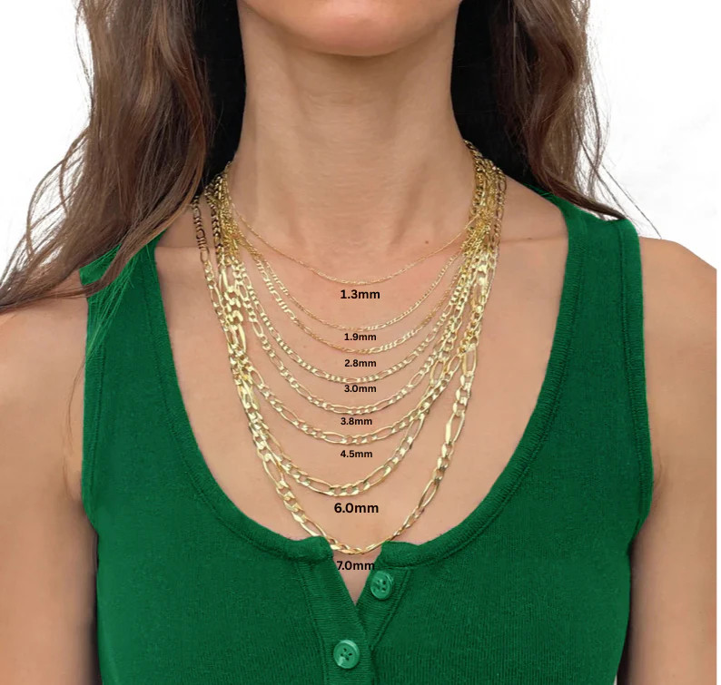 Solid 14K Real Yellow Gold Diamond Cut Figaro Link Necklace 1.3mm-7mm Jewelry