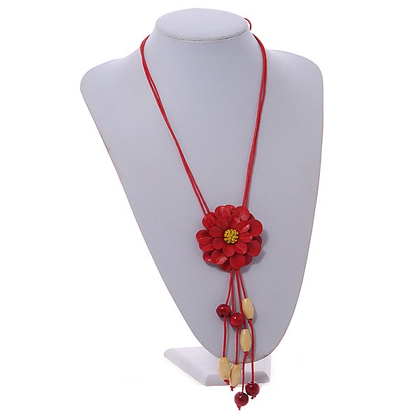 Daisy Flower Leather Pendant with Long Cotton Cord/ Red/ 80cm L/ Adjustable