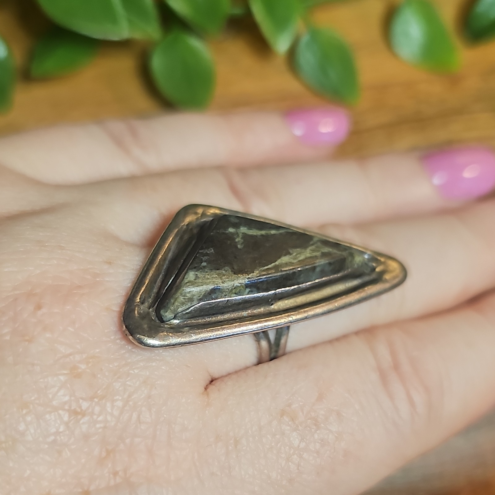 Vtg 925 Sterling Kambaba Jasper Statement Shield Asymmetrical Ring 13g Sz 7.5