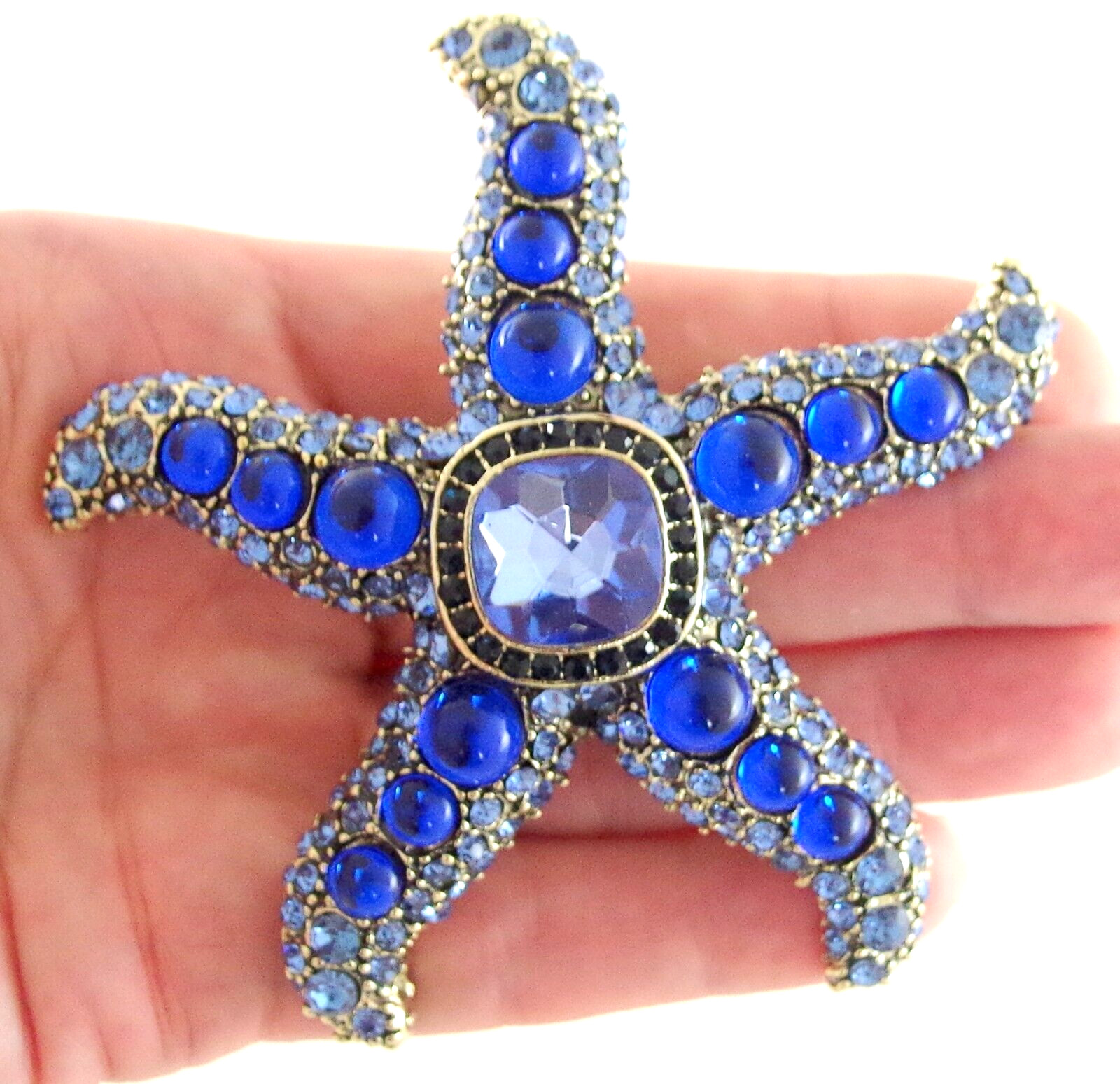 BIG UNSIGNED KENNETH JAY LANE INSPIRED BLUE RHINESTONE GLASS CAB STARFISH BROOCH