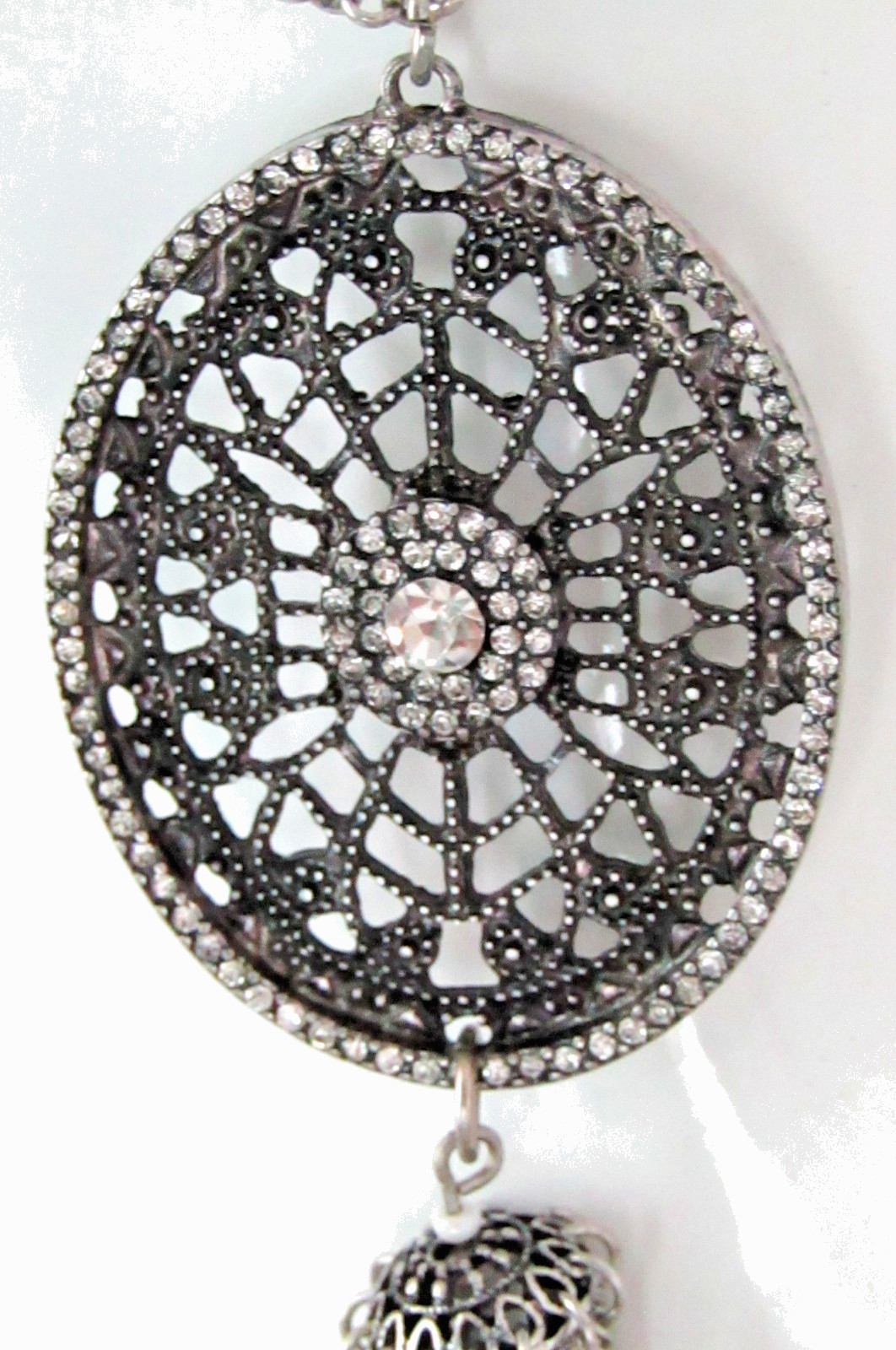 Dangle Pendant Statement Necklace Dark Silver Tone with Clear Gems 14″ Chain
