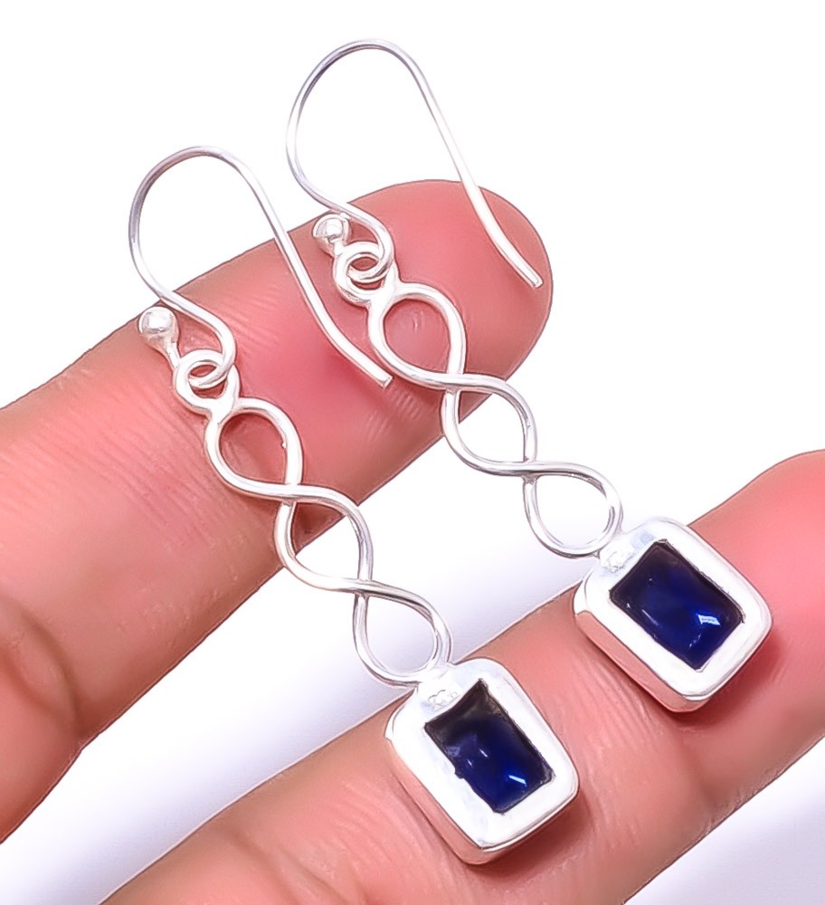 Blue Sapphire (Lab-Created) Gemstone 925 Silver Plated Spiral Earring 1.79″ A1