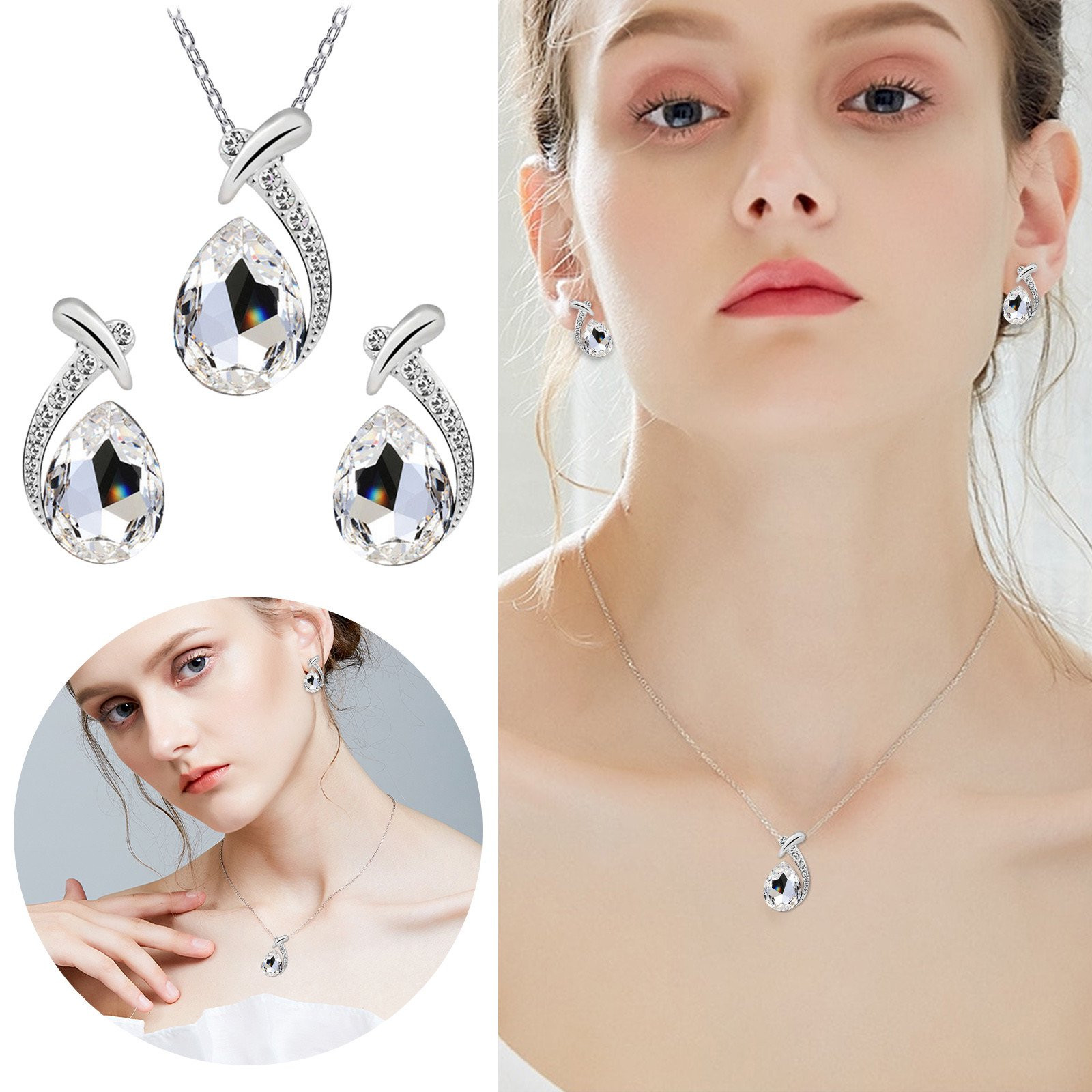 TEARDROP CLEAR CRYSTAL NECKLACE AND EARRINGS SET. FREE GIFT BOX INCLUDED