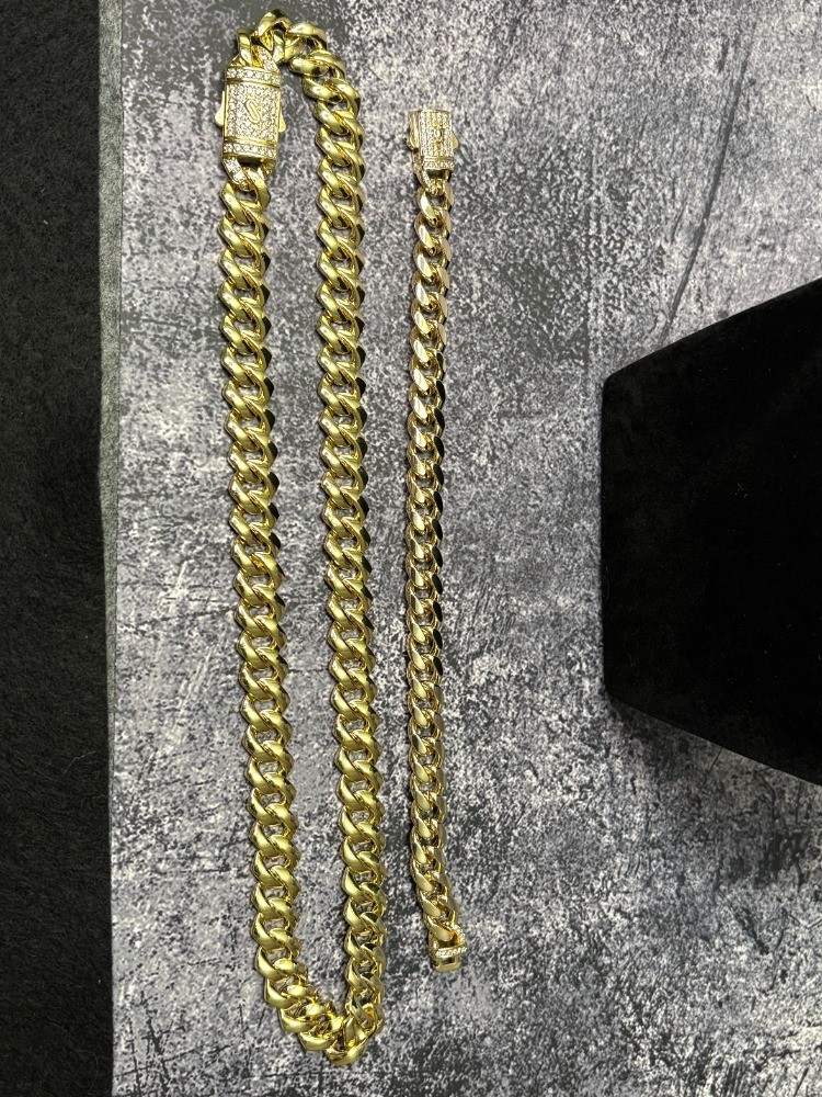 14K Gold Filled Cuban Link Monaco Chain 20″ 12mm & Bracelet 8″ Iced Box Lock Men