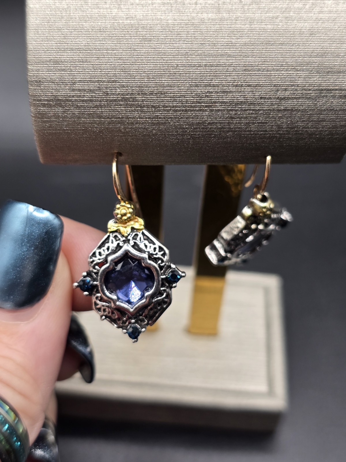 Silver & Gold Tone Dangle Drop Earrings Blue Round Crystal Bezel Hook 1.25in