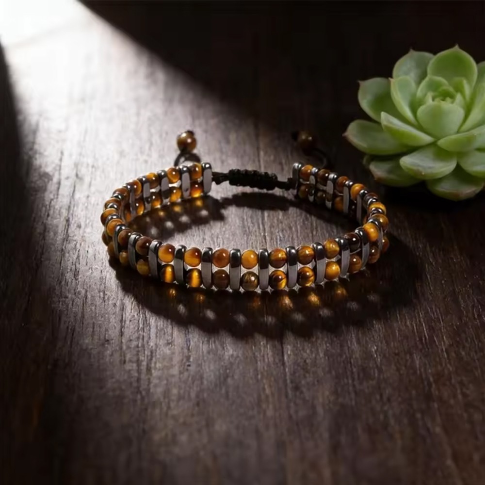 Premium Tiger’s Eye & Hematite Bracelet Genuine Stone Energy Men Jewelry Gift