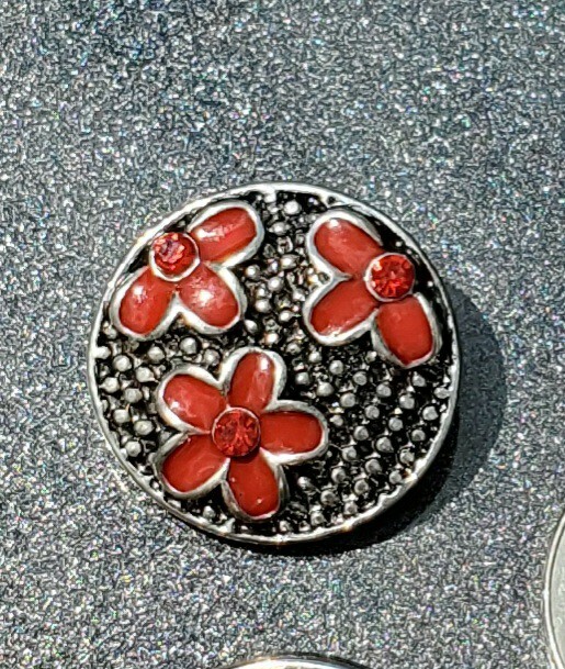Silver 18mm Snap red flower rhinestone Button Charm