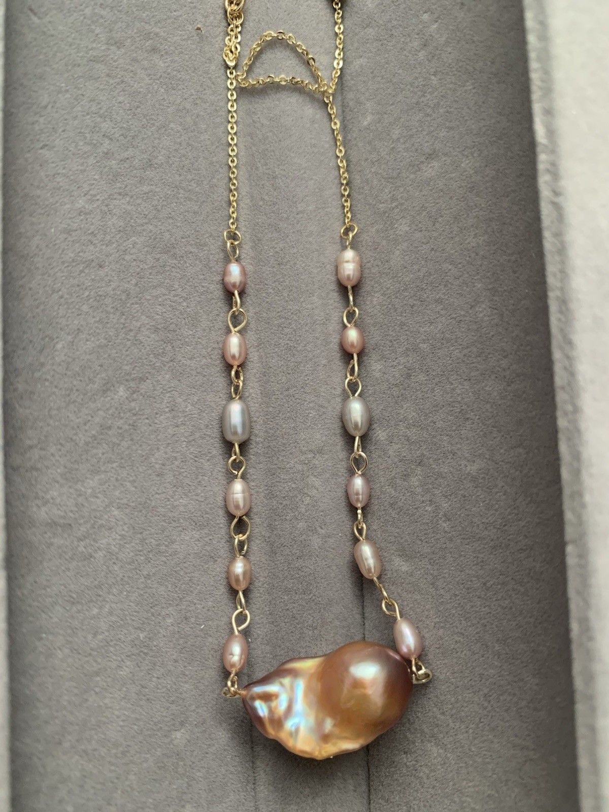 Original Designer Handcrafted Iridescent Baroque Pearl Choker Gold chain Jewelry