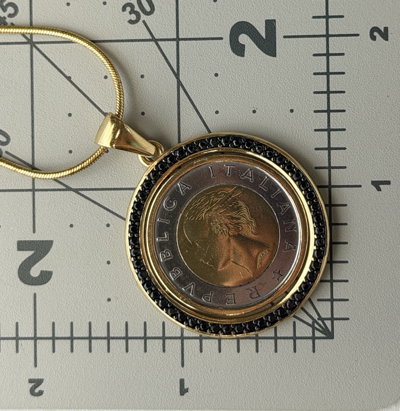 Bezzella ITAOR Necklace 23″ Faux-Saphire Lira Coin Pendant Charm Gold Tone Italy