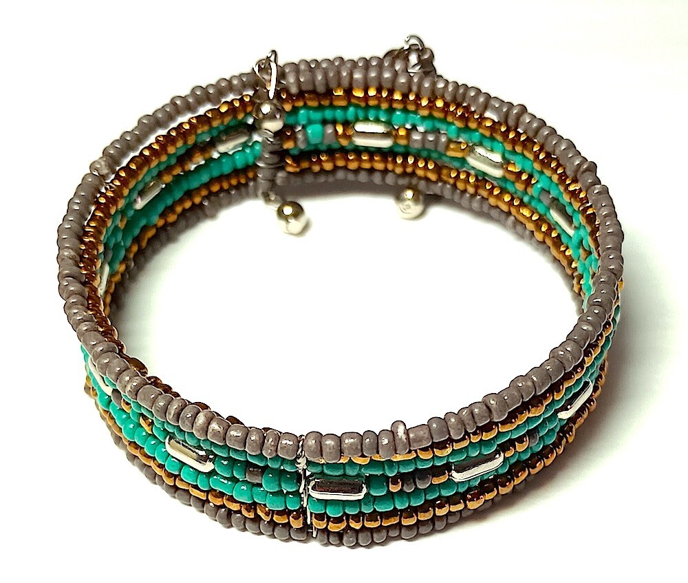 Cuff Bracelet, Blue-Green Color, Flexes Open, Glass Beads, Fits Wrists 6.5-8″