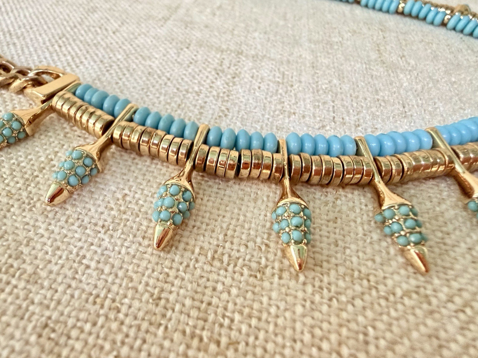 Modern Atterri Turquoise Beaded Crescent Horn Necklace Gold Tone Boho
